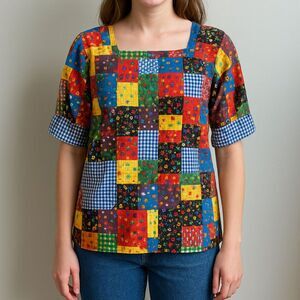 Vintage 1970s Design House Novelty Print Smock Top Blouse // Yellow Green Orange